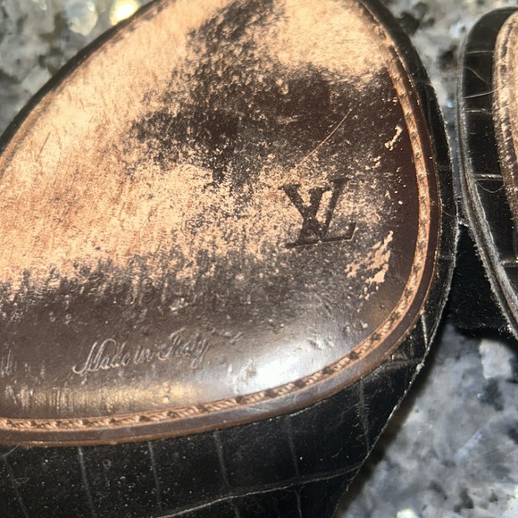 Louis Vuitton black suede with gold buckle heeled sandals, ankle straps - Picture 9 of 10